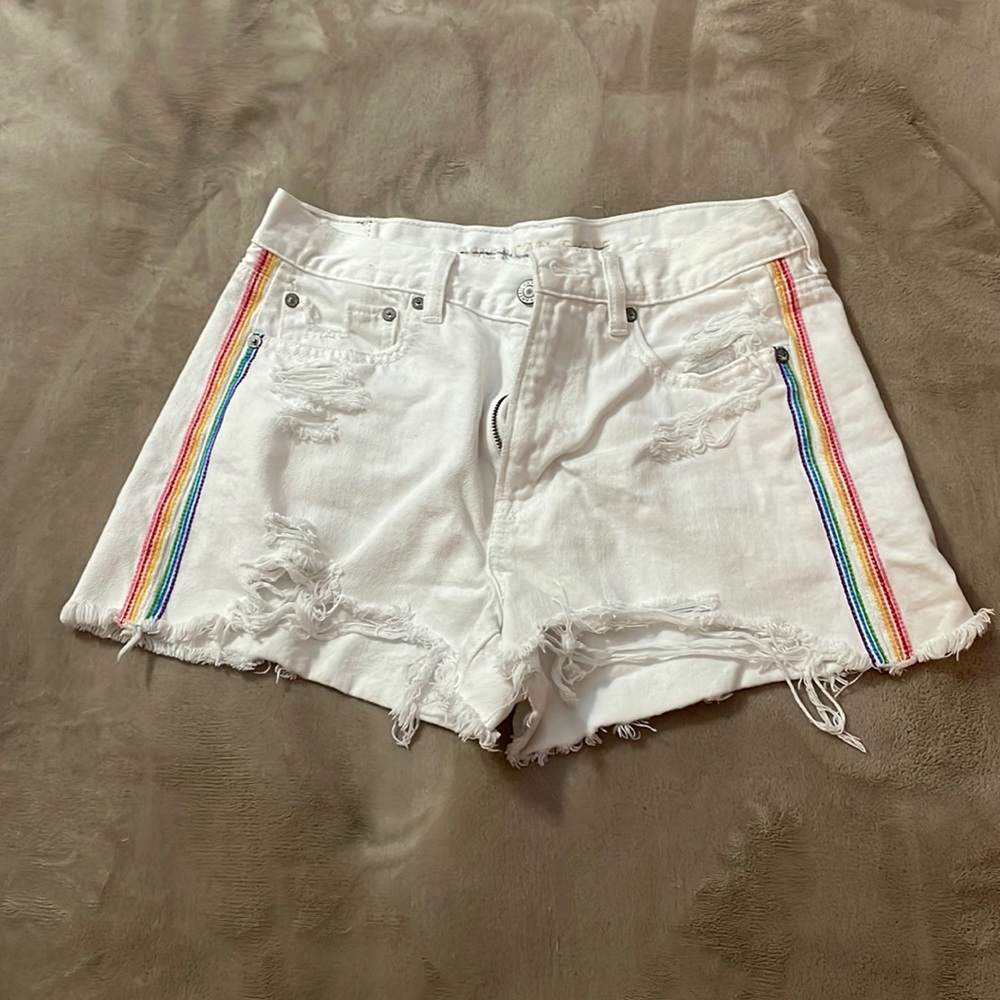 Distressed White Shorts with Rainbow
